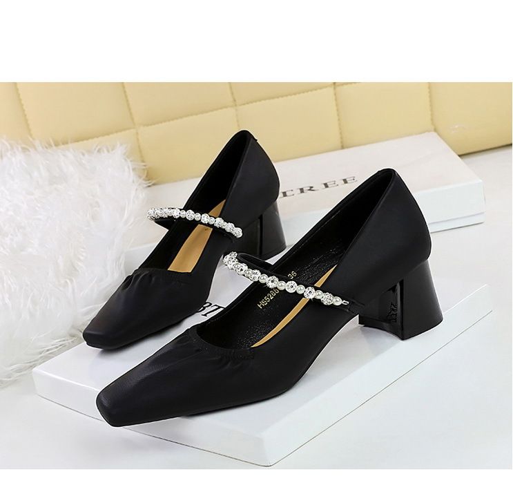 5288-17 Scarpe da donna con tacco medio e spesso, versione coreana, con punta quadrata, punta bassa, strass di perle, dritte_voghion.com