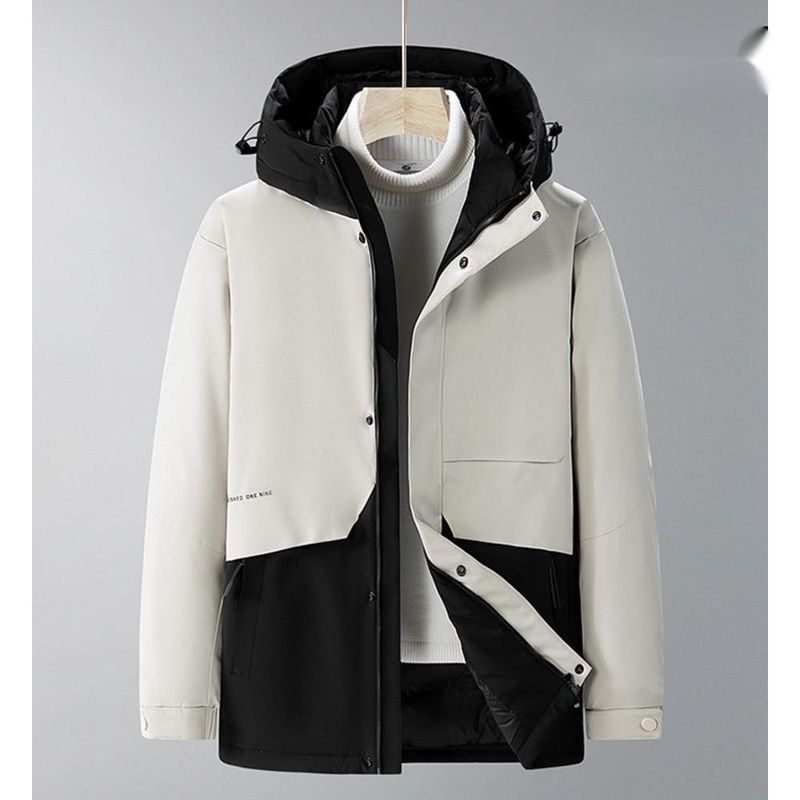 Giacca da uomo invernale di alta qualità 2024, comoda e di media lunghezza, alla moda, con blocchi di colore, nera e oro._voghion.com