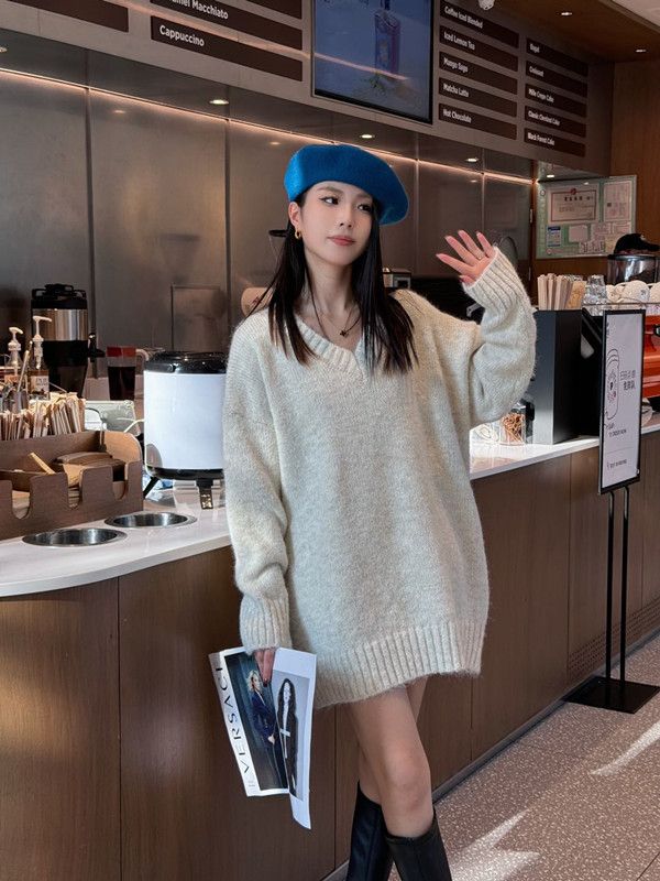 Maglione pullover di media lunghezza con scollo a V, semplice e di alta qualità, in stile coreano, per donna, alla moda, ampio, pigro, versatile_voghion.com