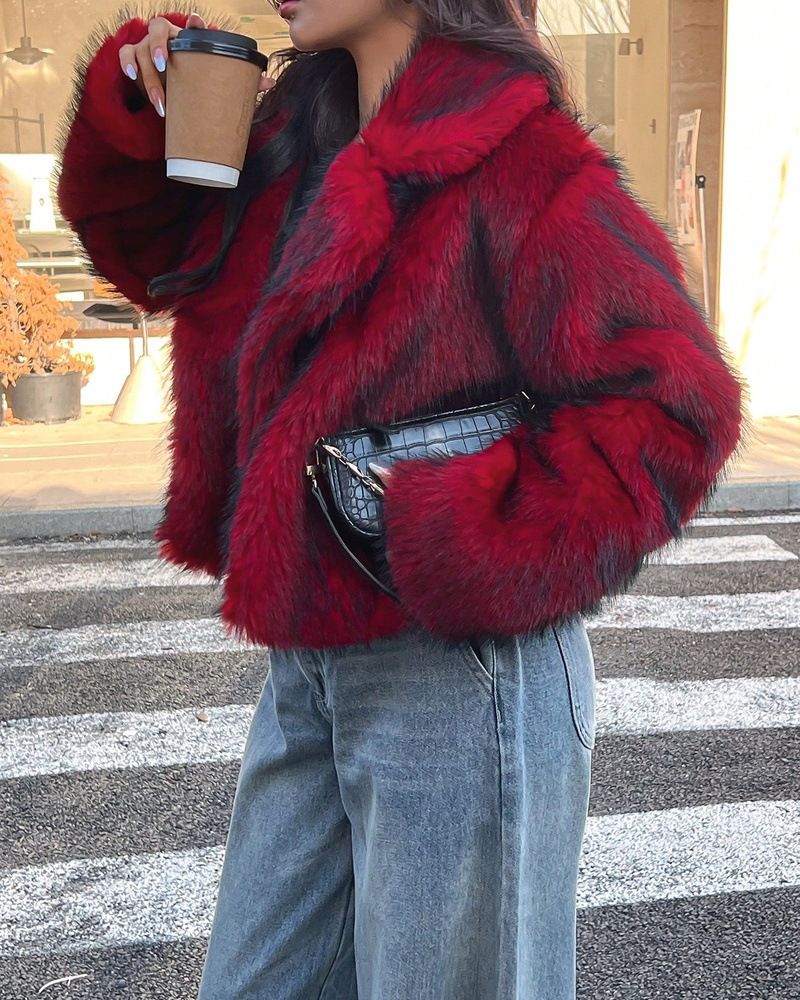 Kunstfuchspelzjacke, Damen-Wintermantel, kurz, wattiert, Kunstpelzmantel mit Revers, warme, flauschige Oberbekleidung (mehrere Farben und Größen)_voghion.com