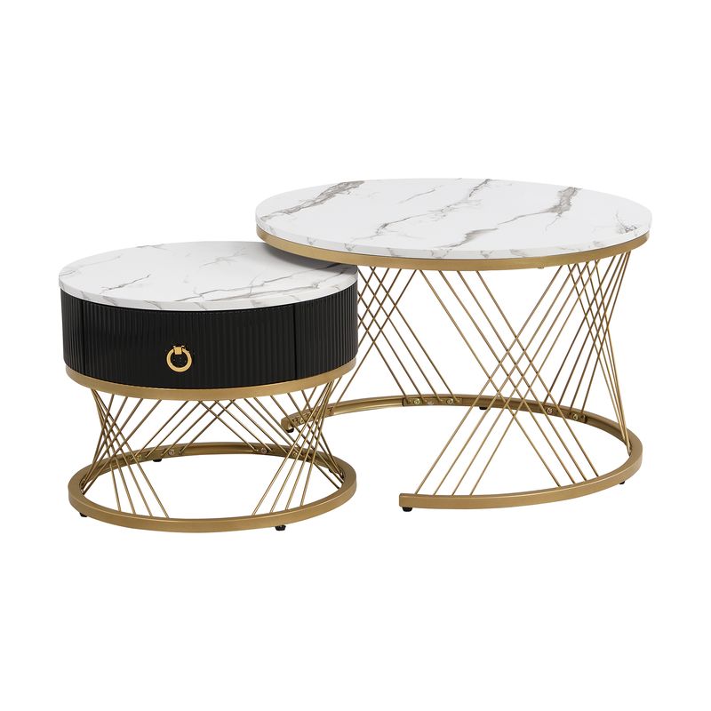 Ensemble de tables basses modulaires élégantes : aspect marbre avec touches dorées, tables d'appoint gigognes avec tiroirs – Ensemble 2 pièces_voghion.com