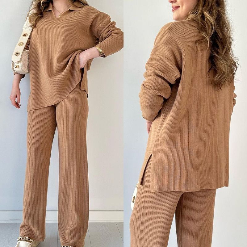 Ensemble deux pièces pour femmes, couleur unie, ourlet ample, pull fendu, à la mode_voghion.com