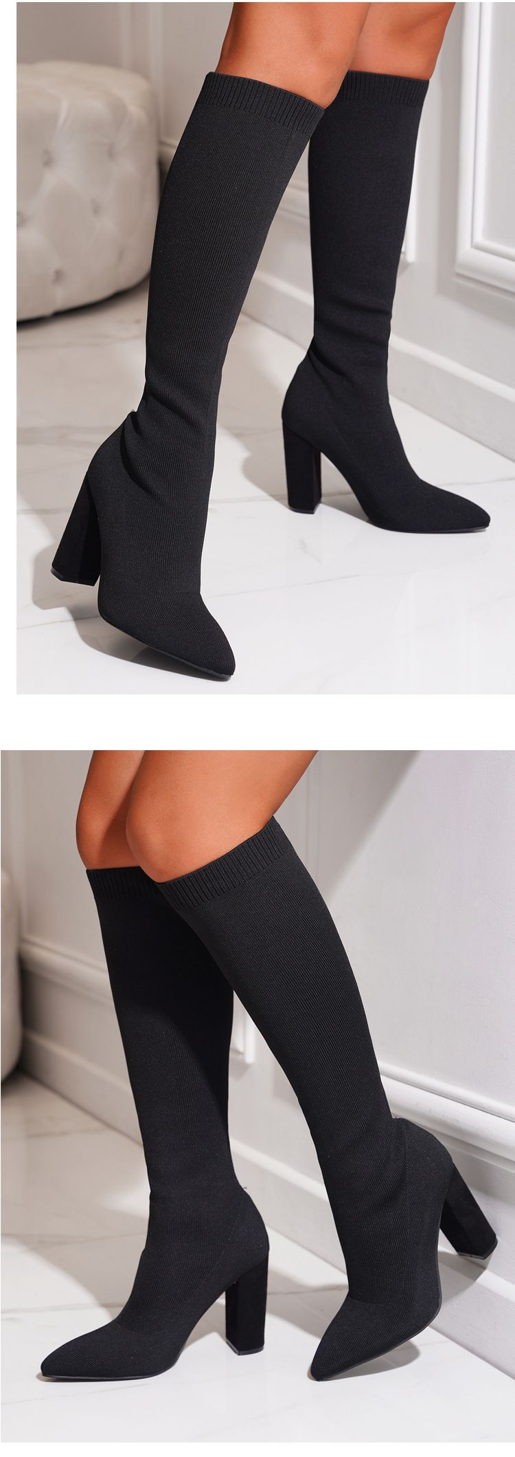 Plus-suuruses reieni ulatuvad saapad teravate jämedate kontsadega, mis ei ulatu põlvest kaugemale_voghion.com