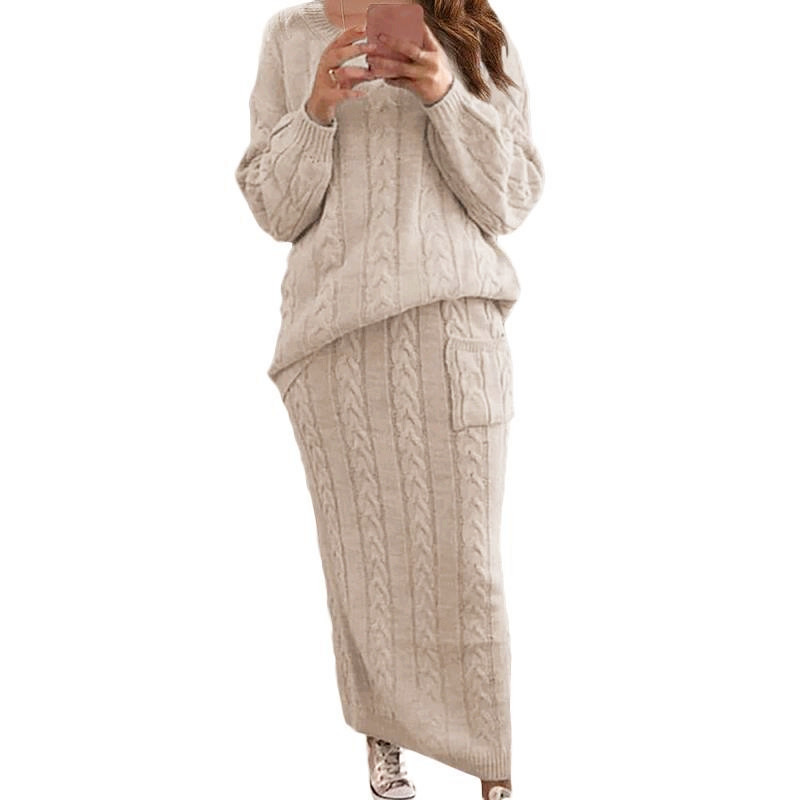 Maglione da donna, set autunno e inverno, due pezzi, maglione lavorato a maglia con scollo a V e gonna lavorata a maglia, set di abiti caldi e casual._voghion.com