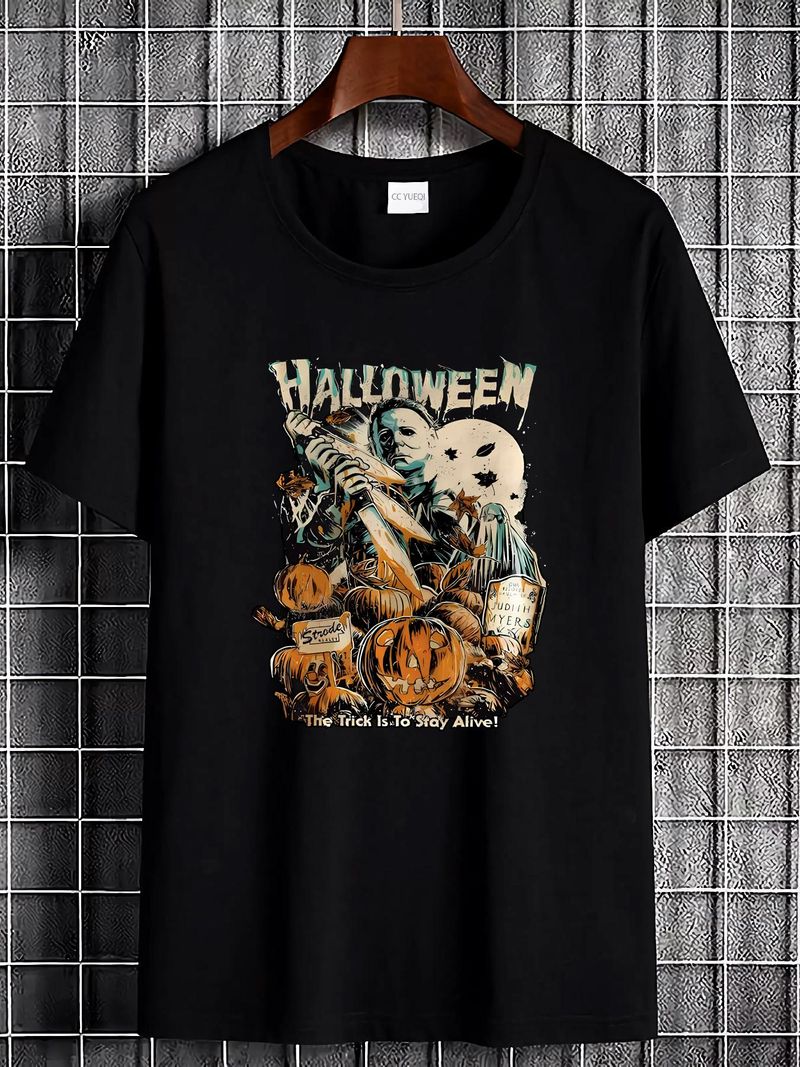 Maglietta "The Trick Is To Stay Alive", maglietta di Halloween, maglietta di film horror, abiti firmati morbidi, grafica comoda, allungata, versatile, leggermente_voghion.com