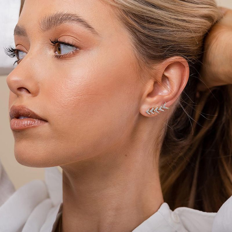 S925 Silver Ear Needle Personalized Leaf Fish Bone Diamond Earrings Female 14K Color Simple Jewelry_voghion.com