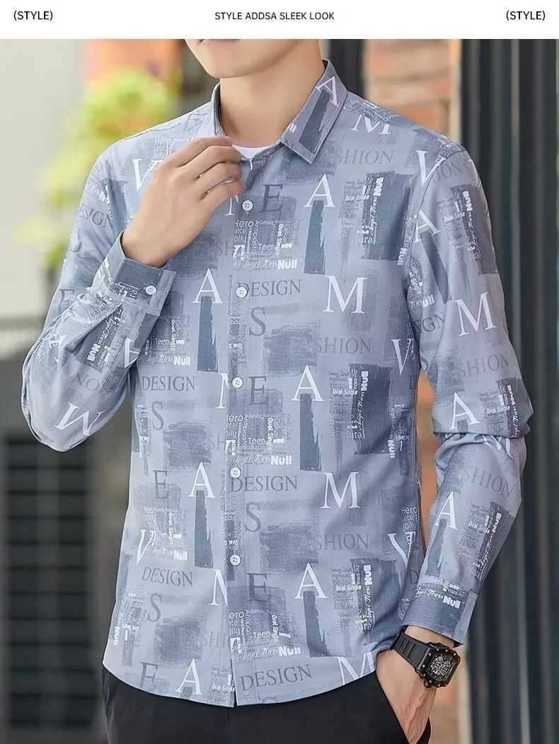 Camicia a maniche lunghe da uomo in primavera, sottile, ampia, stampata in digitale, camicia elastica, marchio alla moda, giacca cool_voghion.com