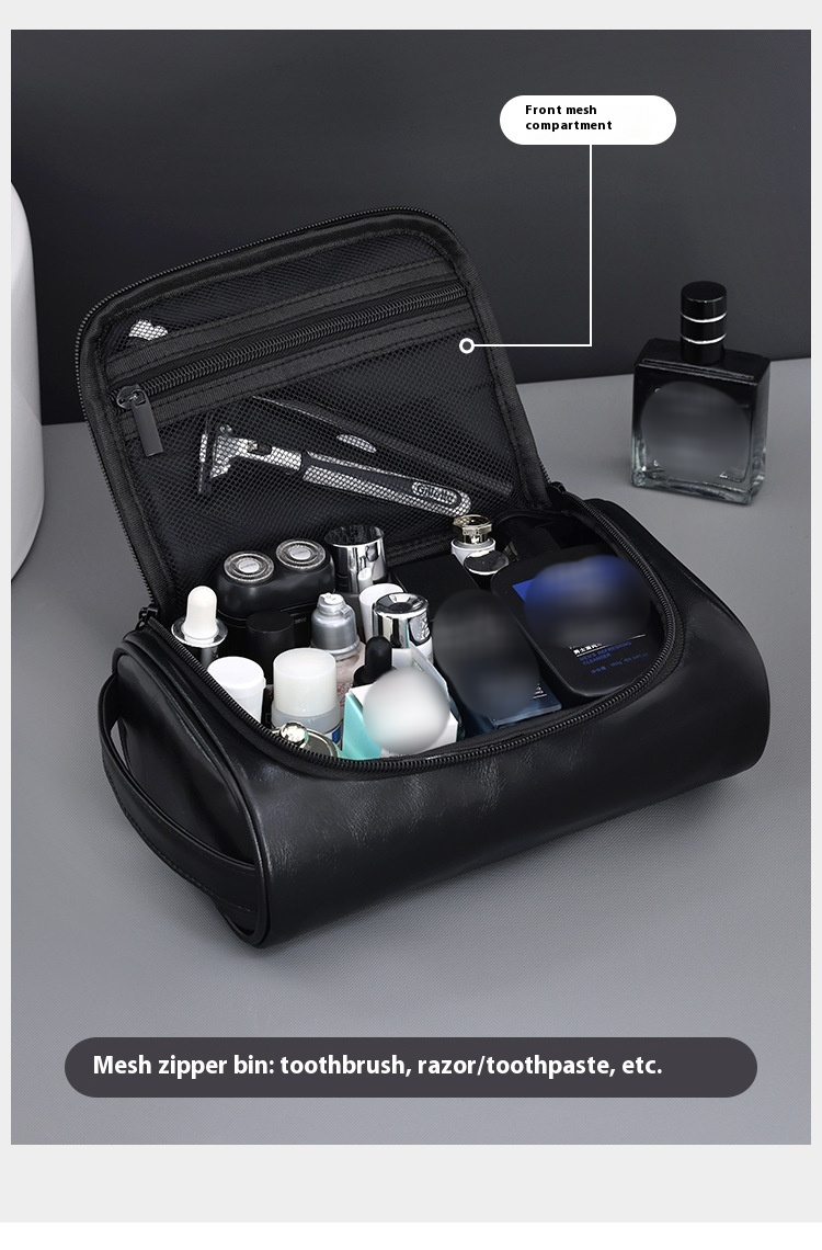 Neue handliche PU-Make-up-Tasche für Herren mit hochwertigem Gefühl, großer Kapazität, wasserdicht und tragbar, Reise-Pflegetasche, Aufbewahrungstasche_voghion.com