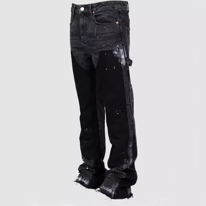 Men's Distressed Denim Overalls - Y2K Streetwear Jumpsuit With Elastic Patches & Flared Leg (Vintage Wash, Black/Blue)_voghion.com