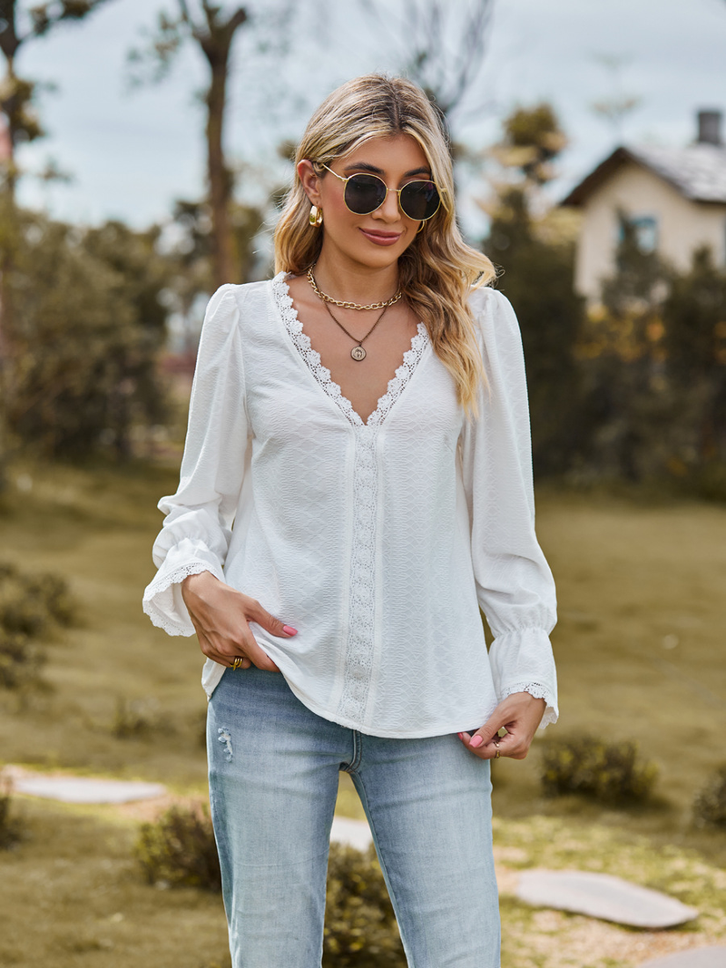 T-shirt da donna jacquard con scollo a V e top a maniche lunghe con impunture in pizzo_voghion.com