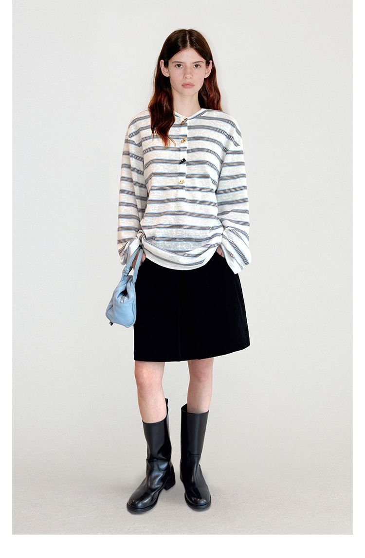 Miu Series Horn Button Henley Shirt Lazy Striped Long Sleeve Loose T-Shirt For Women 2025 New Model_voghion.com