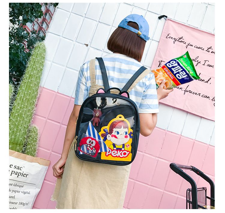Zaini in pelle con orecchie di gatto adorabili Borsa trasparente color caramello Borse a tracolla da donna Zaino da viaggio per ragazze adolescenti_voghion.com