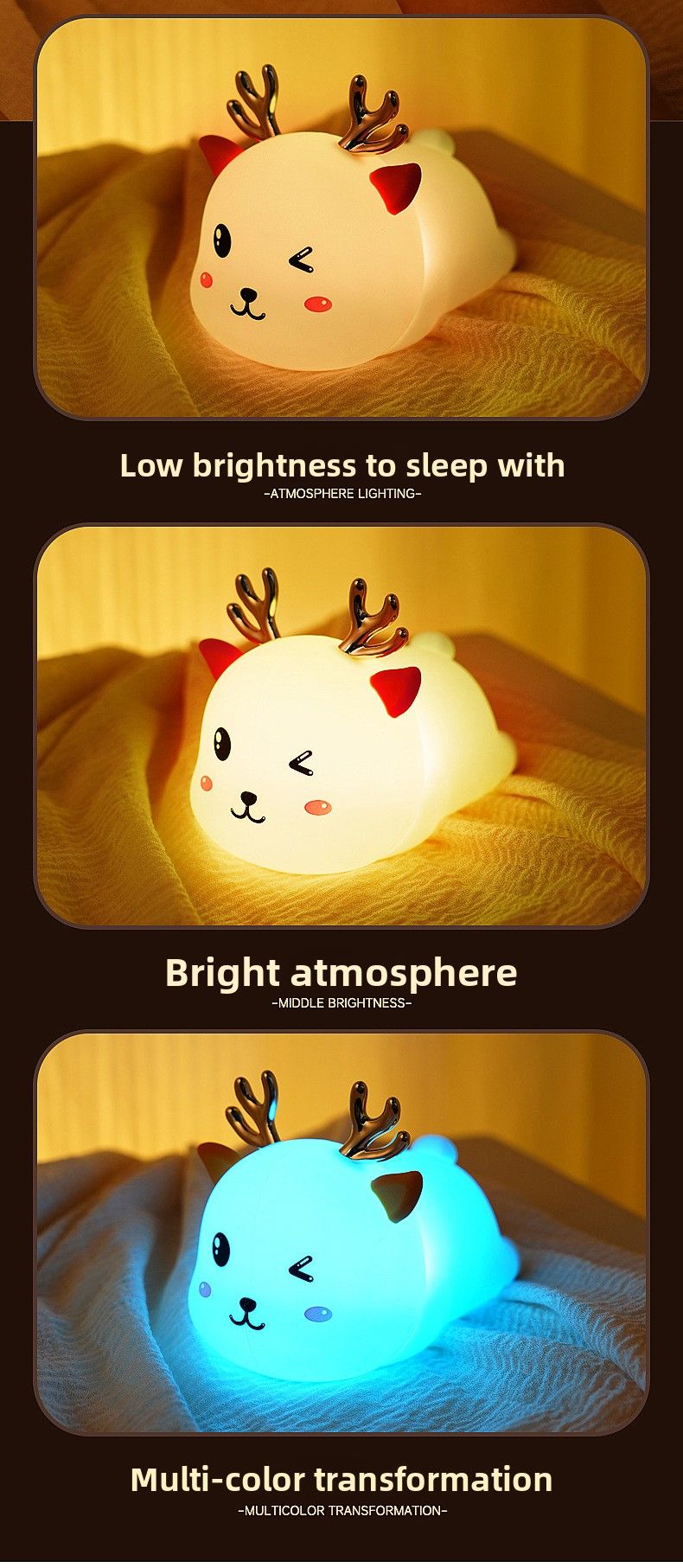 Soft Silicone Deer Night Light - Touch Control, Dimmable Nursery Lamp For Baby Kids Room_voghion.com