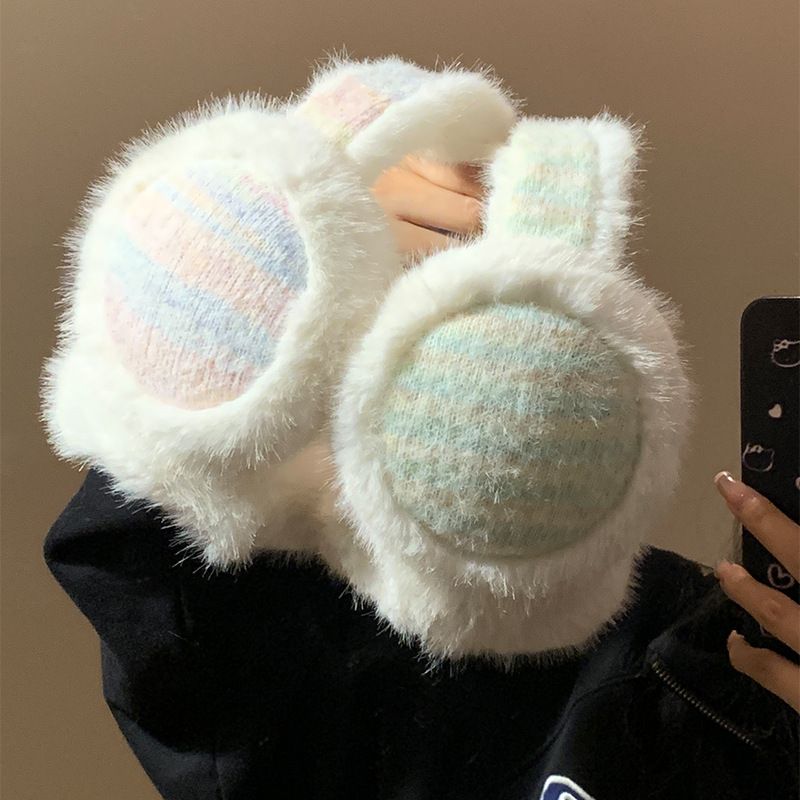 Donne in maglia di peluche colorate nell'autunno inverno 2024, paraorecchie spessi e caldi in stile coreano per il ciclismo e il freddo_voghion.com