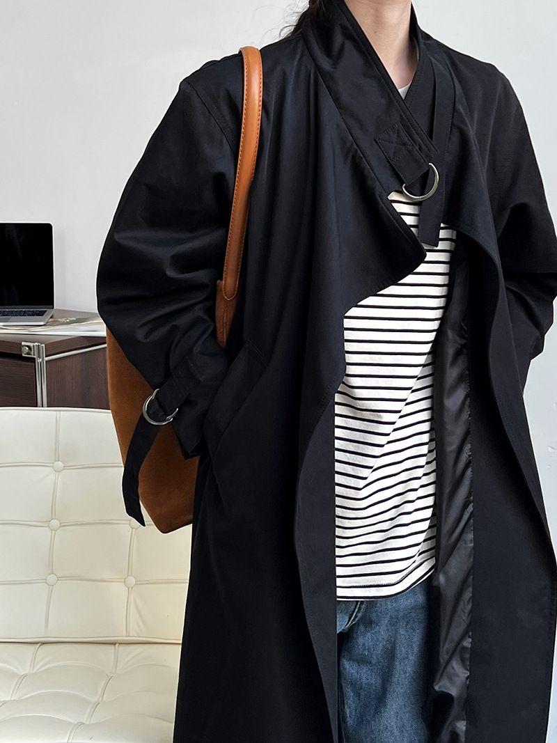 Elegant British-Style Long Trench Coat For Women – Minimalist & Luxurious Knee-Length Overcoat With Adjustable Belt, Pure Cotton, Black & Light Beige_voghion.com