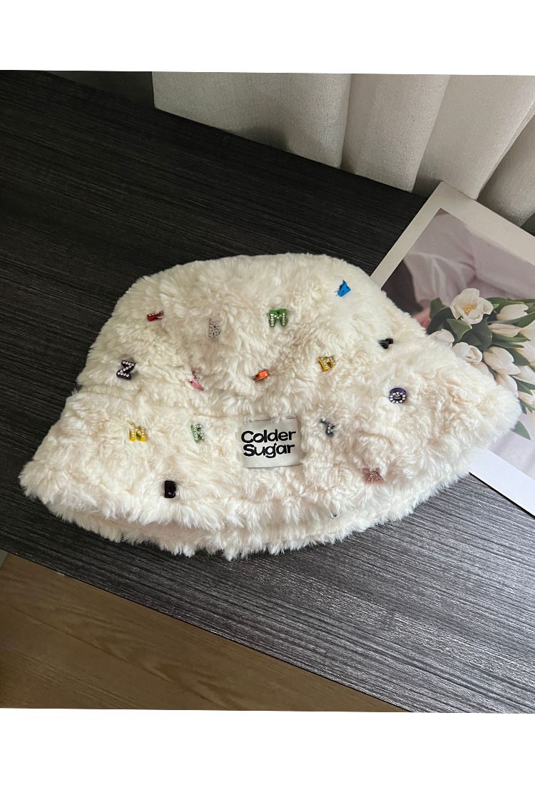 Plush Handmade Letter Diamond Fisherman Hat For Women Autumn And Winter All Match Warm And Cold Proof Fashionable Bucket Basin Hat_voghion.com
