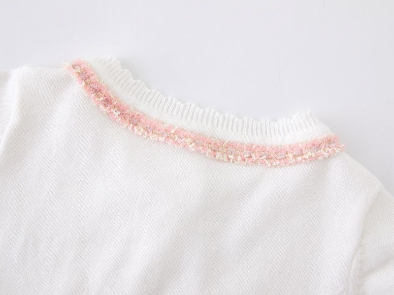 Cardigan élégant en tricot d'inspiration victorienne pour mère et enfant, avec bordure en dentelle, léger et doux, en mélange de coton (blanc-rose/blanc-noir/violet-rose)_voghion.com