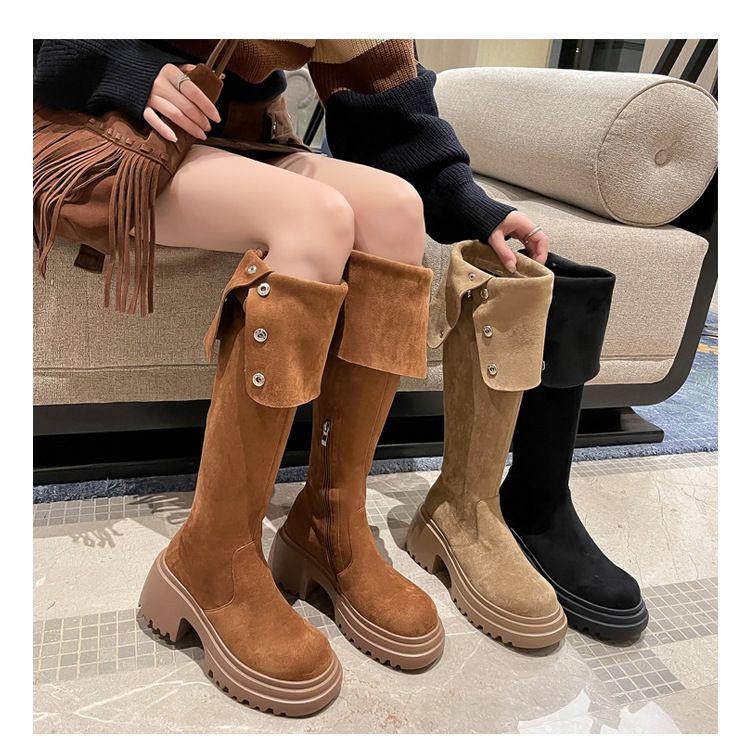 Herbst/Winter Neue kniehohe Stiefel mit Fleecefutter für Damen, braune Reitstiefel mit klobigem Absatz_voghion.com