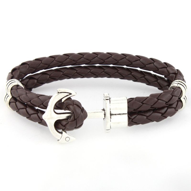 Beaded Snake Pattern Anchor Hip-Hop Personality Genuine Leather Men's Bracelet High-End Jewelry Accessories_voghion.com