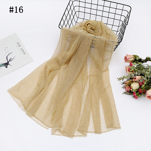Women's Muslim light summer breathable crumpled gold silk pure color tulle scarf Baotou scarf hijab lady solid female hijab_voghion.com