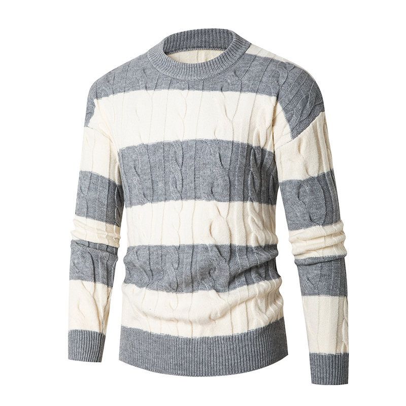 Men's Clothing 2024 autumn and winter new European and American men's round neck sweater striped casual knitted bottoming shirt _voghion.com