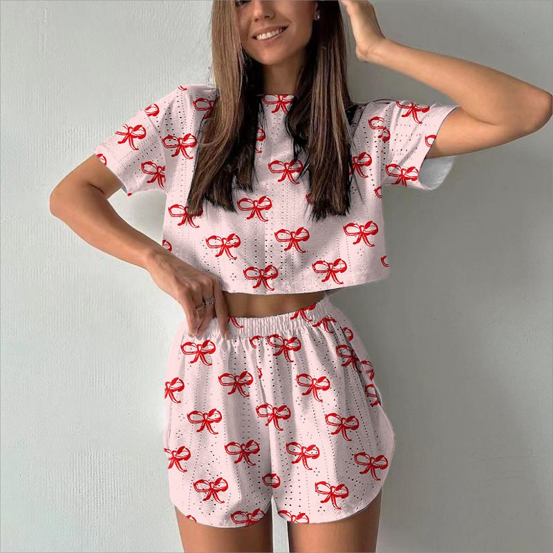 2025 Spring Summer New Sports Casual For Women Printed Hollow Out Split Crop Top Short Two-Piece Set_voghion.com