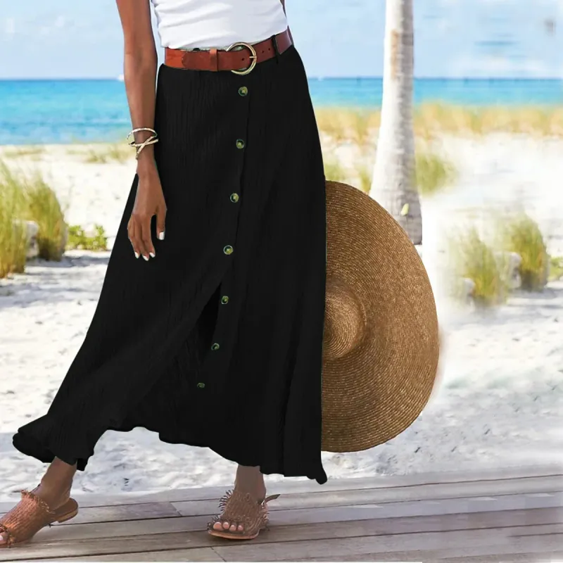 hot selling Women's S-2XL size Cotton and linen cross-border foreign trade split A-line bag buttocks mid waist long skirt_voghion.com
