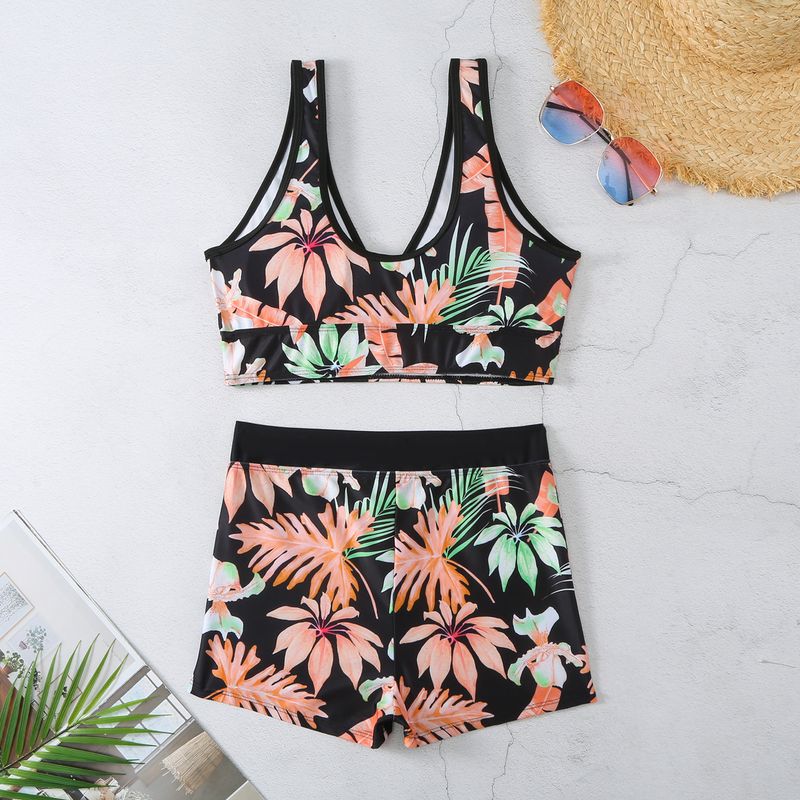 Damenbekleidung Neuer tropischer Druck Damen Split Badeanzug Bikini V-Ausschnitt Boxershorts Badeanzug Set_voghion.com