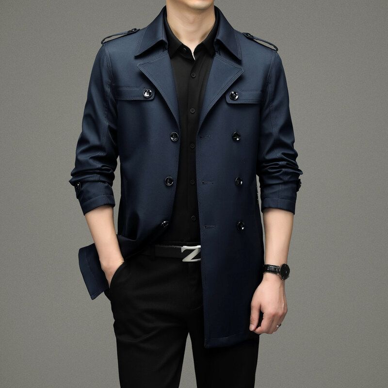 2025 Trench Coat With Turn-Down Collar, Mid-Length, Dad Style, Business Casual, Spring Summer, Middle-Aged Men's Jacket,_voghion.com