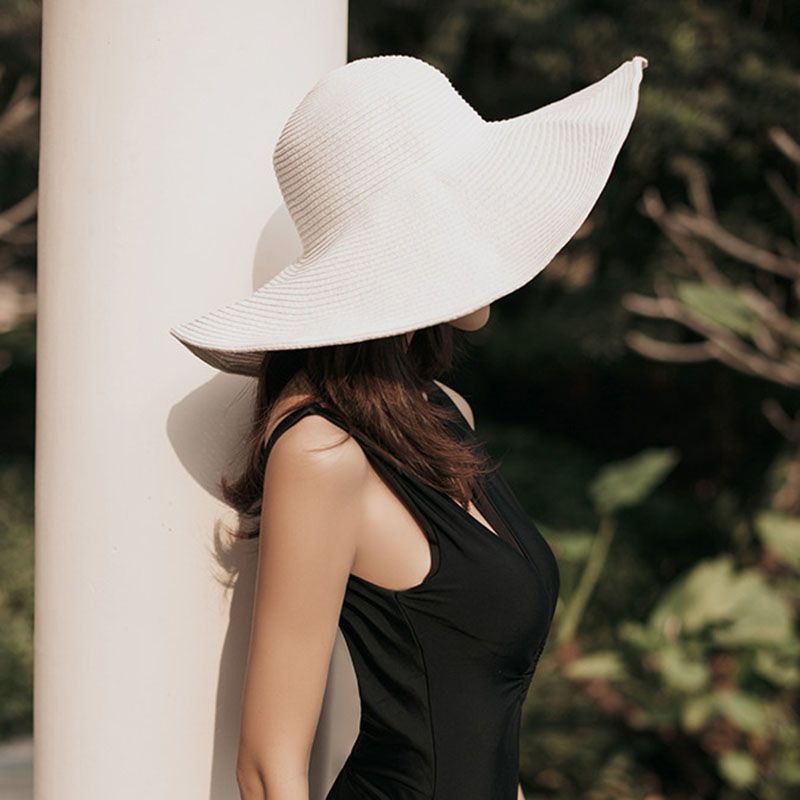 Cappello da spiaggia pieghevole oversize da donna, con tesa larga da 15 cm, estivo, da viaggio, in paglia, per donna, per vacanze all'aperto, arrotolabile, UPF50+_voghion.com