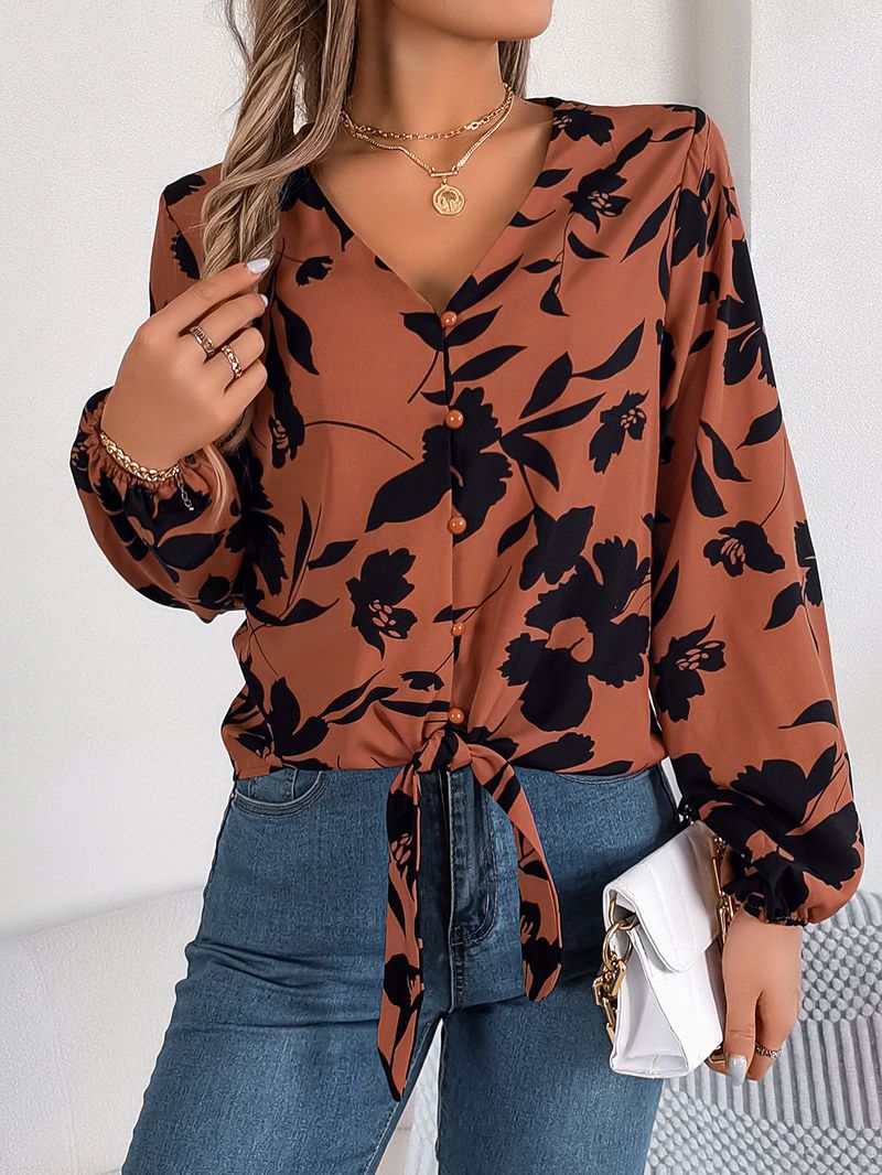 2025 Autumn Winter Casual Color-Block Floral Lantern Sleeve Tie Chiffon Blouse Women's Fashion_voghion.com