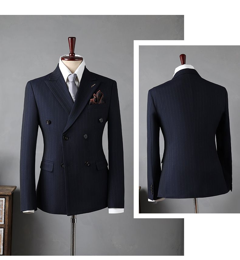 Herenkleding Dubbelrijs gestreept pakset - Slim fit bruiloft, zakelijk & sollicitatie formeel pak met vestopties (marineblauw/zwart/rookgrijs)_voghion.com