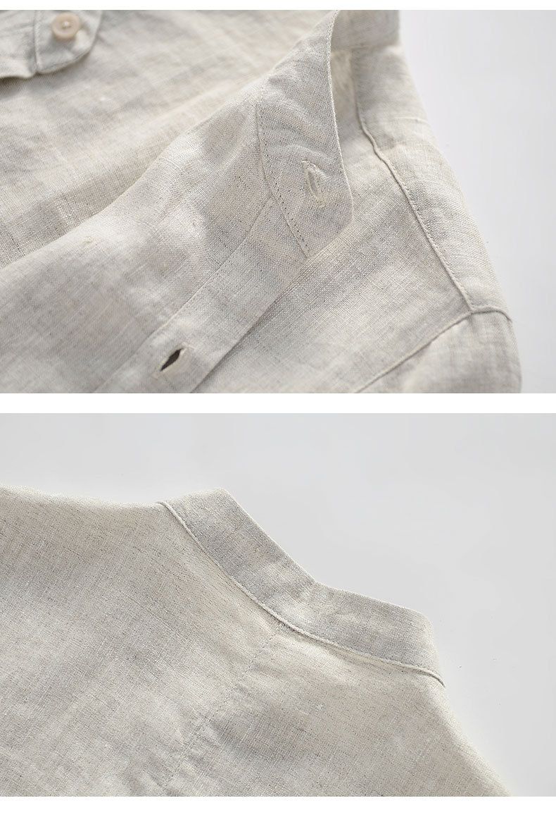 Abbigliamento estivo da uomo in lino, camicia casual in lino con colletto alto, maglia ampia in lino a maniche corte_voghion.com
