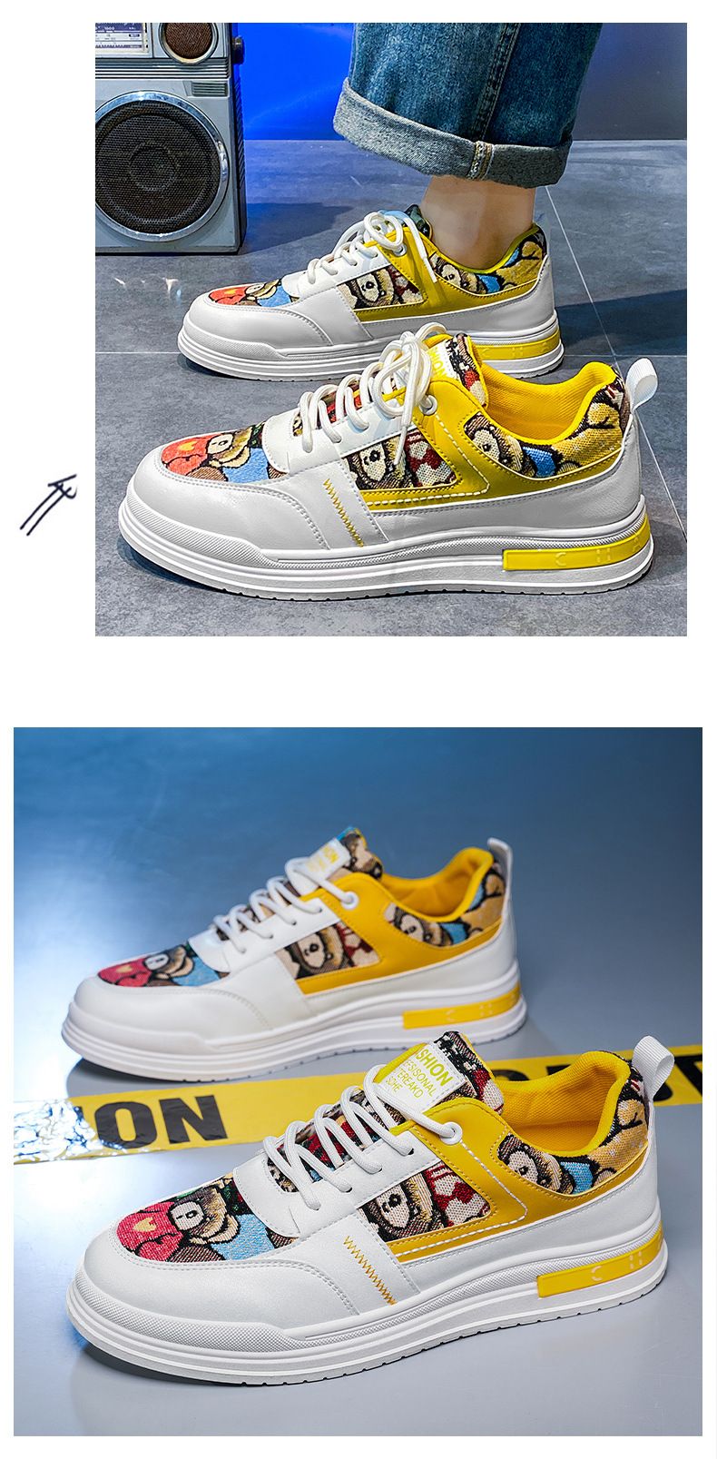 Neue Ledergesichtsfarbe für Herren mit Cartoon-Teddybär, Nischenbrett, College-Stil, lässiger Low-Top-Sport, trendig_voghion.com