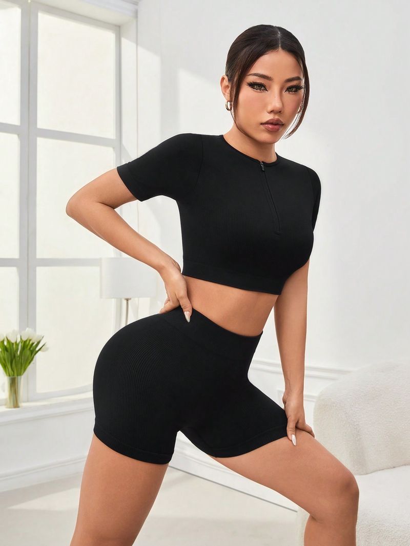 DFYNE Short de sport décontracté côtelé alternatif à manches courtes pour femme_voghion.com
