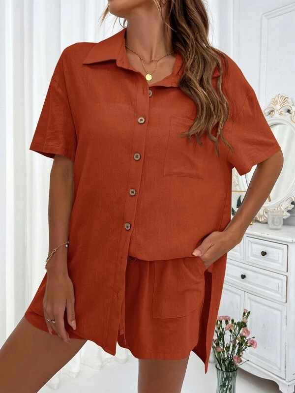 Ensemble deux pièces pour femme, short, chemise unie, décontracté, ample, manches courtes, simple boutonnage_voghion.com