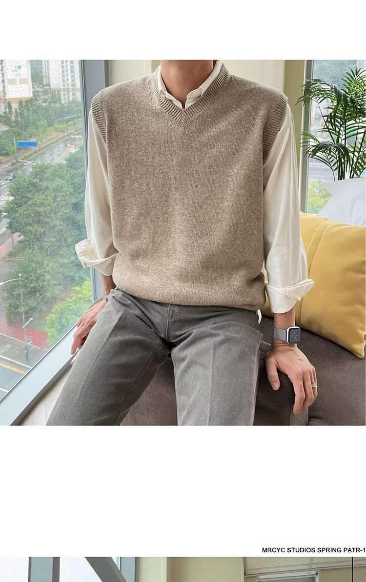 Maglione lavorato a maglia senza maniche, tinta unita, gilet da uomo, scollo a V, maglietta base alla moda_voghion.com