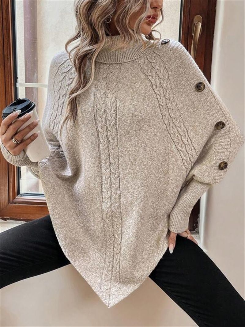 Grobstrick-Fledermauspullover für Damen mit hohem Kragen und Knopfdetails – Übergroßer Zopfmusterpullover für Herbst und Winter (Khaki, Schwarz, Grau)_voghion.com