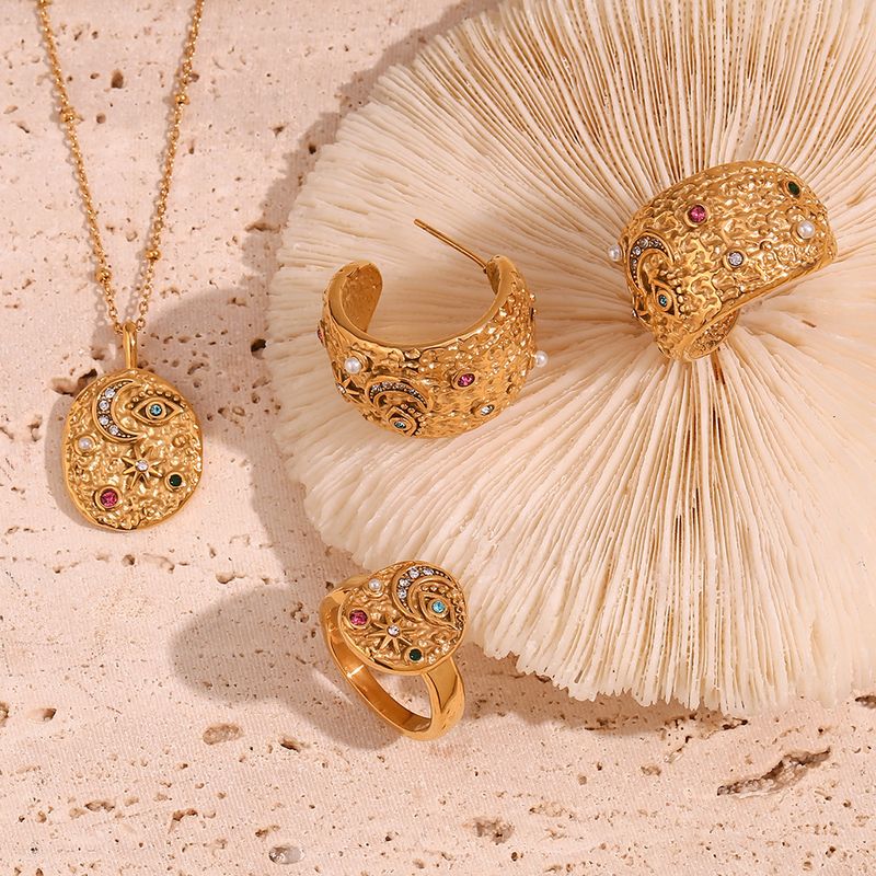 CELESTIALUMINANiche And Personalized Popular Earring And Ring Set, 18K Gold Plated, Micro-inlaid Star And Moon Round Necklace For Women_voghion.com