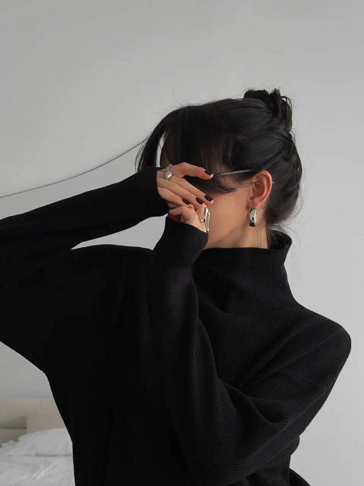 Women's High-Neck Knit Sweater & Pants Set - Long Sleeve Solid Color Lounge Outfit, Elegant Two-Piece Ensemble (Black/Beige, S/M/L/XL)_voghion.com