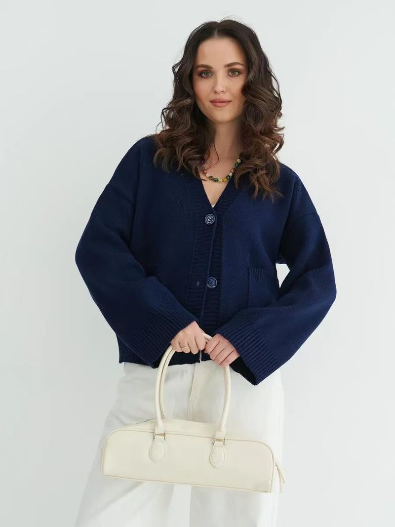 Cardigan en tricot à col en V et poches pour femme - Pull oversize doux et confortable pour l'automne et l'hiver, élégant, coupe ample, décontracté, manches longues, ouvert sur le devant_voghion.com