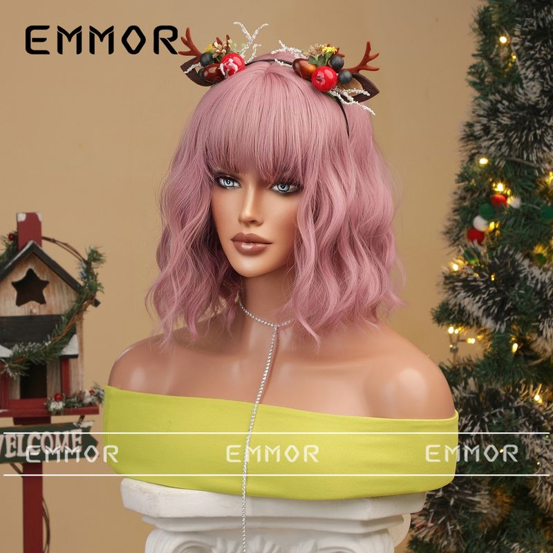 Parrucca colorata per cosplay di Halloween di Natale Qi Bangs parrucca corta riccia bobo acconciatura completa_voghion.com