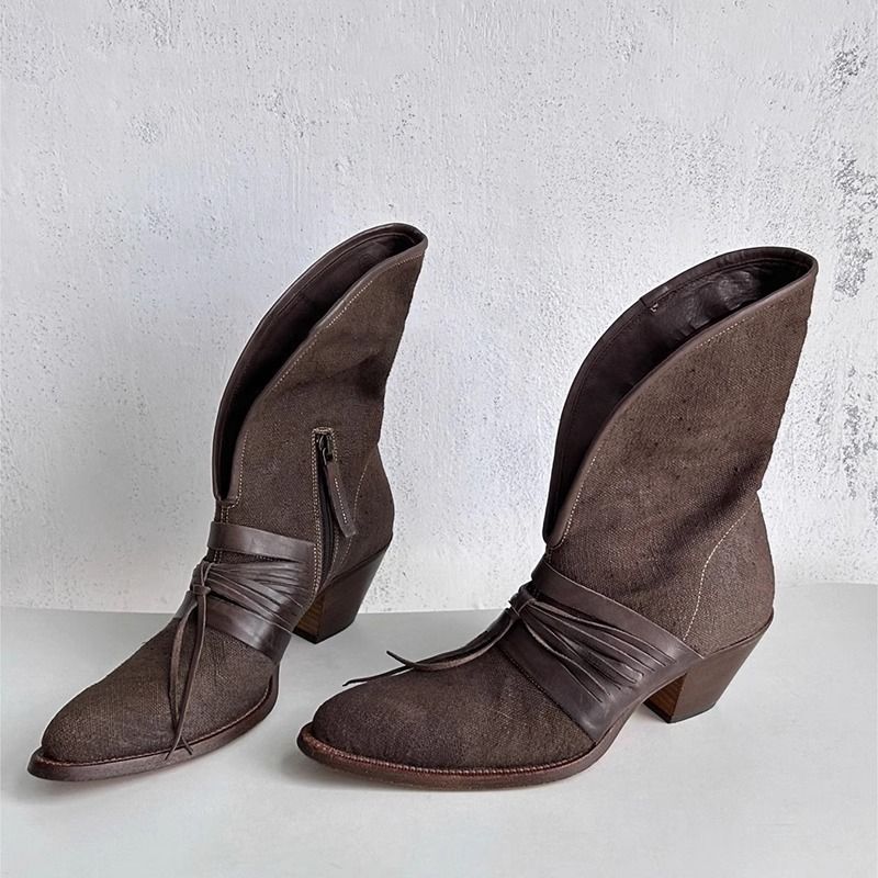Dune Wasteland Style Medieval V-Neck Short For Women 2024 Autumn Winter New Thick Low Heel Lace-Up Western Boots_voghion.com