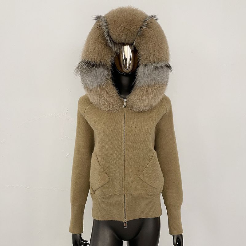 Luxuriöse Strickjacke mit Kapuze und Fuchspelzbesatz – Weicher Strickpullover aus Schaf-Kaschmir-Mischgewebe für Damen, eleganter, locker sitzender Freizeitpullover_voghion.com