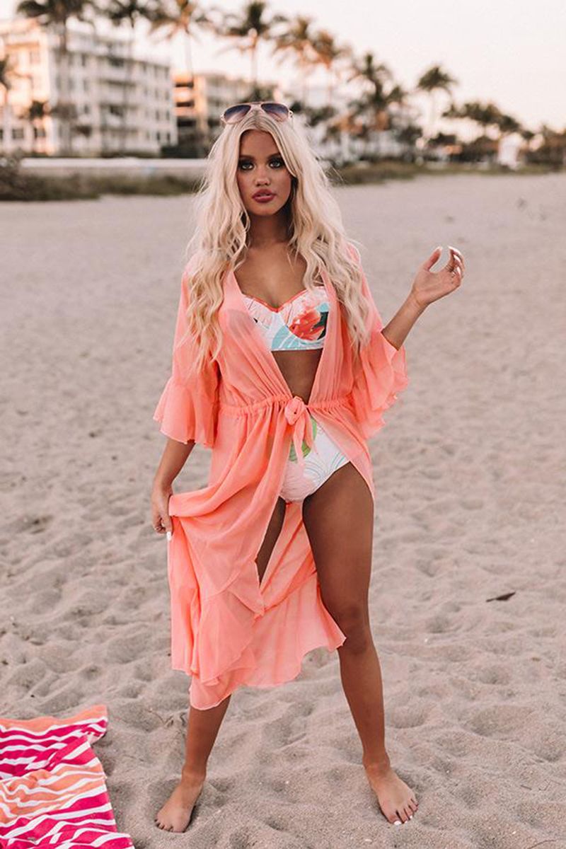 Women’s Chiffon Beach Cover-Up – Long Bikini Swimsuit Jacket (One Size, Orange-Pink Gradient, UV Protection & Boho Style)_voghion.com