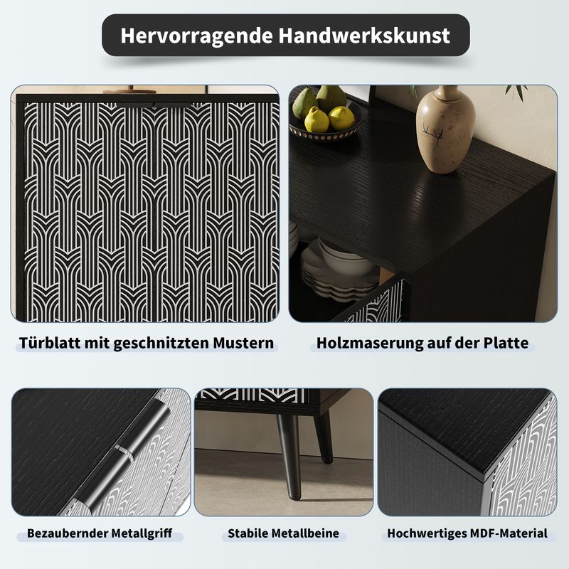 Esszimmerschrank Schwarz 120x78cm Mit Fischgrätenmuster, Geschnitzte Tür_voghion.com