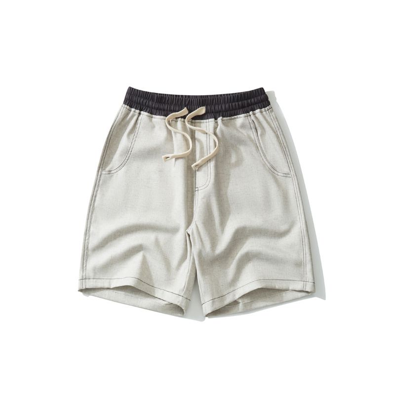 Pantaloni casual da uomo a cinque punti, larghi, di media lunghezza, con design a blocchi di colore, in lino leggero da 390 g, di alta qualità, trasmissione in diretta_voghion.com