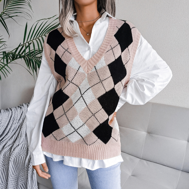 Vêtements pour femmes automne et hiver style collégial losange col en v décontracté gilet tricoté ample pull vêtements pour femmes_voghion.com