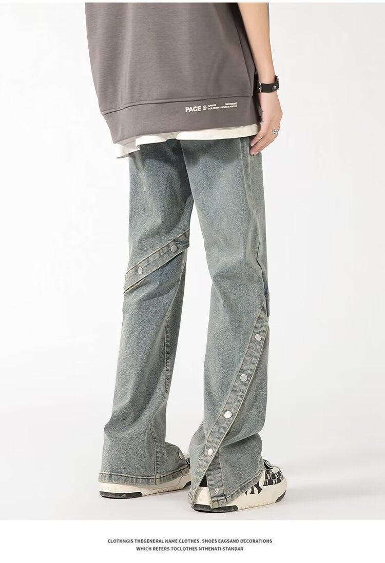 Men’s Vintage Bell-Bottom Jeans – Summer Loose Fit Flared Denim Pants With Button Fly & Slit Hem (M-3XL, High Street Fashion, Blue & Black)_voghion.com