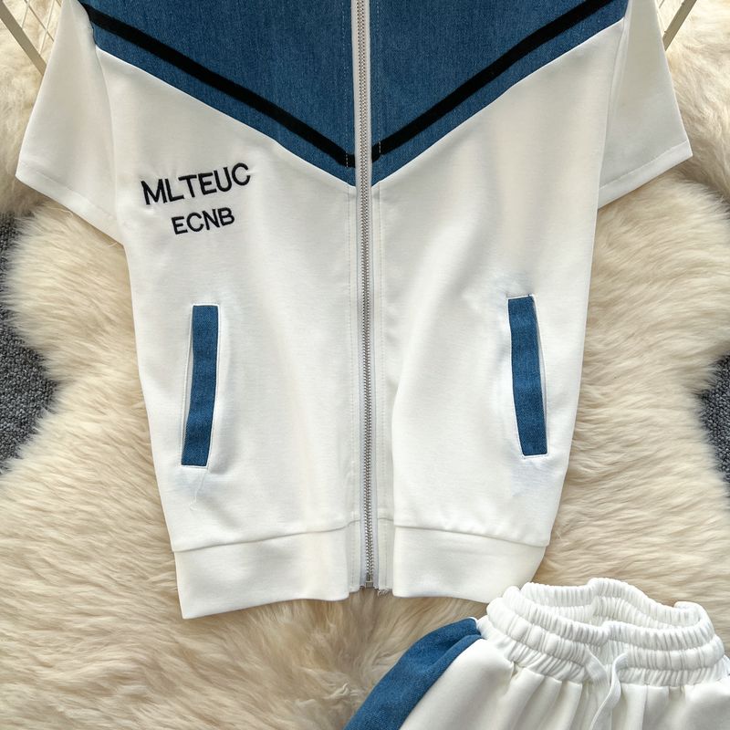 Kadın Giyim Moda Takım Elbise Kadınlar İçin Yaz Aylarında Kot Dikişli Kısa Kollu Fermuarlı Üst + Yüksek Bel Rahat Geniş Paça Pantolon_voghion.com